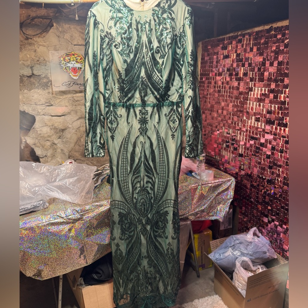 Green Embellished Long Sleeve Evening Dress